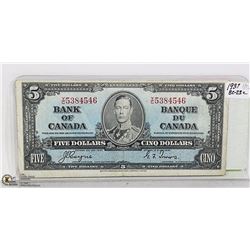 1937 CANADIAN FIVE DOLLAR BILL