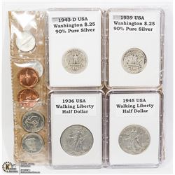 USA 1939-43D QUARTERS, 1936-45 HALVES, 90% SILVER+