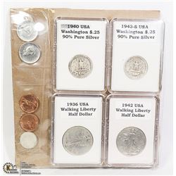 USA 1940-43 QUARTERS, 1936-42 HALVES, 90% SILVER +