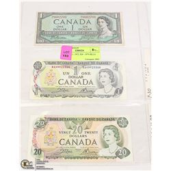 CANADIAN $1 - 1954, $1 - 1972, $20 - 1979 BILLS