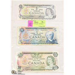 CANADIAN $1 - 1973, $5 - 1972, $20 - 1979 BILLS