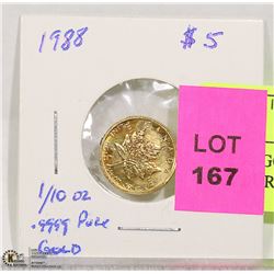 1988 5$ GOLD MAPLE LEAF 1/10 OZ .9999 PURE