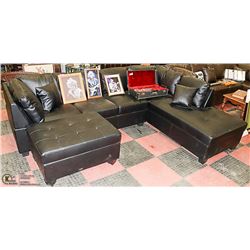BLACK LEATHERETTE SECTIONAL WITH OTTOMAN