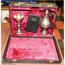 SILVER EUCHARIST SET W/ VELVET LINED CARRY CASE &