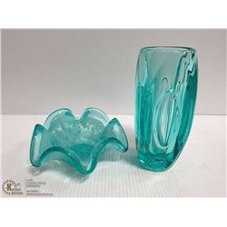 BOX OF TEAL ART GLASS PIECES