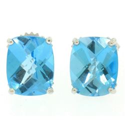 14k White Gold Cushion Cut Natural Blue Topaz Solitaire  Stud Earrings