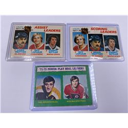 LOT OF 3 70'S ERA HOCKEY CARDS; 72-73 POWER PLAY GOAL LEADERS, 77-77 SCORING LEADERS, 77-78 ASSIST