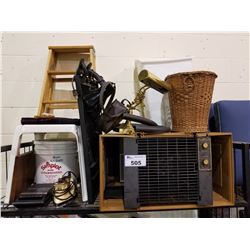 SMALL STEP LADDERS, IRON, BASKET, LAMP, KENMORE HUMIDIFIER, VINTAGE CAMERA, ETC