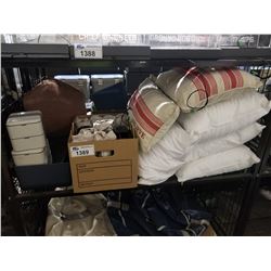 STANDARD QUEEN PILLOWS, THROW PILLOWS, COFFEE MUGS, PLASTIC STORAGES, BASKET, ETC