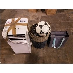 PORTABLE AIR CONDITIONER, BASKET WITH CONTENTS (SOCCER BALL, PADS, CLEATS, TRAVEL BAGS, SHOES, ETC)