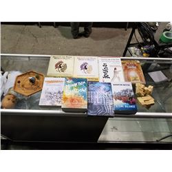 ASSORTED BOOKS, WOODEN TRAY & BLOCKS (SET DEC ITEMS)
