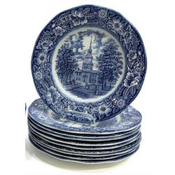 English Staffordshire Blue Transferware Liberty Blue, Independence Hall, Dinner Plates
