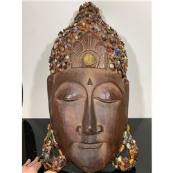 Carved Wood & Gemstone Buddha Head Sculpture