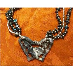 Carved Agate, Silver & Hematite Multi-Strand Butterfly Necklace