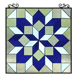 Geometric Cubist Design Stained Art Glass Hanging Window Panel