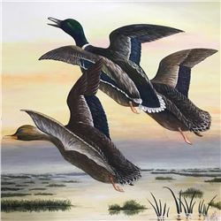 1930's Signed Ducks In Flight Watercolor Painting