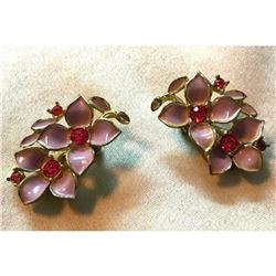 Vintage Sarah Coventry Pink Enamel & Crystal Floral Clip On Earrings