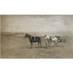 Vintage c1920â€™s half-tone print, #1004 Horses and Cart on a Beach (x1)