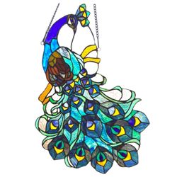 Blue Peacock Tiffany Style Stained Glass Hanging Panel