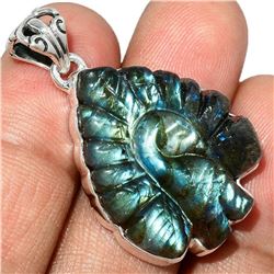 Carved Labradorite Gemstone Peacock Sterling Silver Pendant