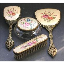 Petit Point Emroidered and Brass Dresser Set #1425264