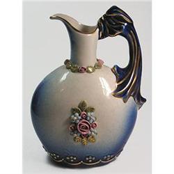 Blue & Gold Porcelain Pitcher w Pink Bas-Relief#1425270