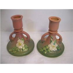 Roseville White Rose Pair of Candleholders #1458130
