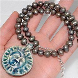 STERLING SILVER Estate PEARL Sun Moon Necklace #1458180