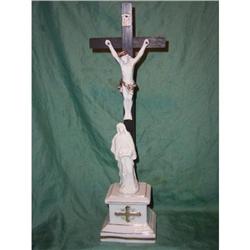 Antique crucifix with porcelain Jesus and Maria#1458629