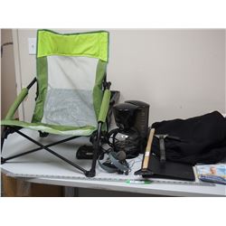 BETTY CROCKER COFFEE MAKER, FOLDING CHAIR, PLASTIC TOTE & MISC