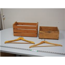 2 VINTAGE WOODEN CLOTHES HANGERS & 2 WOODEN CRATES