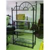 METAL SHELF WITH 4 GLASS INSERTS (36 X 15 X 7 IN TALL) TOP GLASS BROKEN)