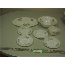 Federal glass platter, bowl, saucers and creamer (7 pieces, one saucer has a chip)