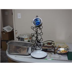 Studio light and stand, enamel plates, plus misc