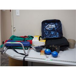 Heated seat cover, flex arm weighted base copy holder, Bud light backpack plus misc