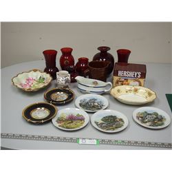 Collector plates, red glass, plus dishware