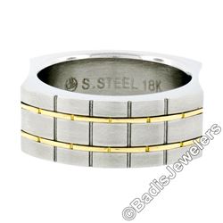 Men's Stainless Steel w/ 18kt Yellow Gold Brick Domed Matte Finish Band Ring