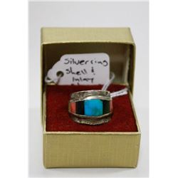 LARGE SILVER RING WITH SHELL AND STONE INLAY
