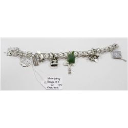 STERLING SILVER LINK BRACELET 7.5” WITH CHARMS
