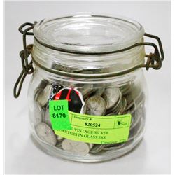 62 OZ OF VINTAGE SILVER QUARTERS IN GLASS JAR