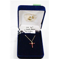 14 KT GOLD CURB CHAIN WITH GOLD AND RUBY CROSS 16"