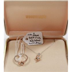 10 KT TWO TONE GOLD AND .25 DIAMOND RING SIZE 7 AND NECKLACE
