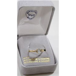 10 KT GOLD RING WITH AQUAMARINE AND DIAMONDS