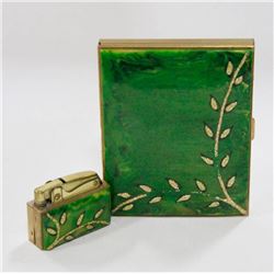 VINTAGE GOLD TONE AND GREEN CIGARETTE CASE WITH