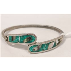 SILVER BANGLE WITH GREEN AND SHELL INLAY