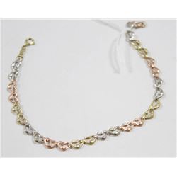 14 KT TRI GOLD HEART BRACELET 7.5”