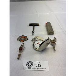 Vintage Collectible Lot, Pocket Watch, Corkscrew, Lighter Cover, Harley Davidson, Etc.