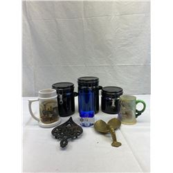 Vintage Decorative Kitchen Lot of Mugs, Canisters, Trivet And Brass Lobster Spoon Holder