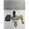 Image 1 : Nice Decorative Egg On Stand With Silver Plated Mirror And Brush Set And Lidded Jewelry Box