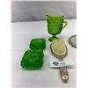 Image 2 : Nice Vintage Lot Of Green Glass Plus Silver Plated Brush And Mirror Set